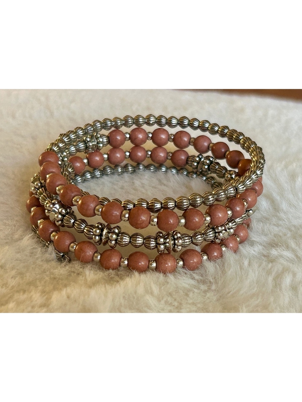 Vintage Beaded Wrap Bracelet with Pink and Silver Tones
